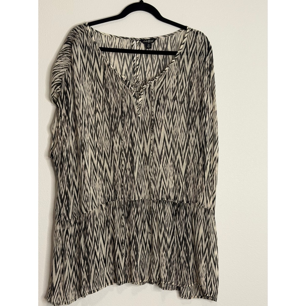 Lucky Brand Women Black White Sheer Ikat Lace Up V-Neck Peplum Tunic Blouse 2X